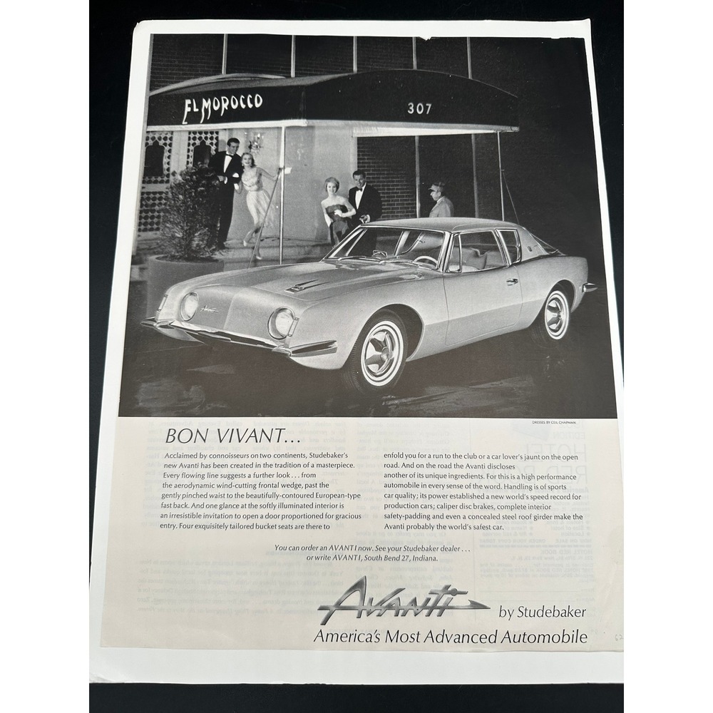 Vintage 1962 Studebaker Avanti Print Ad Bon Vivant El Morocco 10 Inch B&W